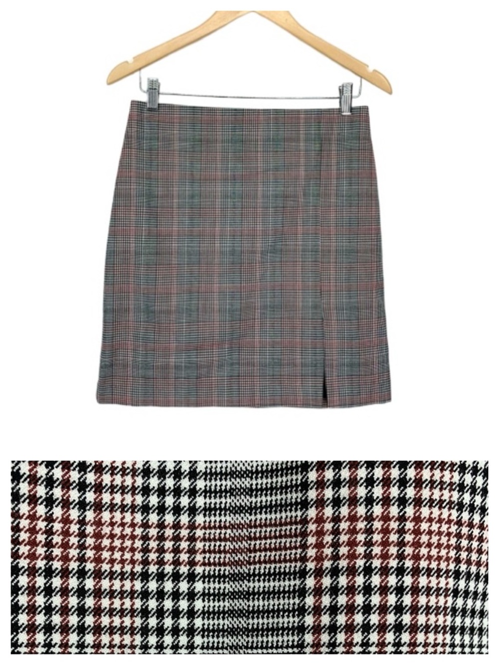 Rachel Zoe Academia Black & Maroon & White Houndstooth Plaid Mini Skirt Size 2